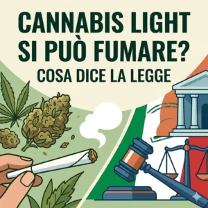 Poster in Italian asking 'Cannabis light si può fumare? Cosa dice la legge' with cannabis leaves, a lit joint, and legal symbols (gavel, scales, courthouse).