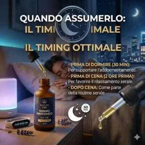 Pubblicità italiana per un integratore del sonno con bottiglia Natura CBD Sonno Profondo, gocce dal contagocce, persona che dorme e testo sul timing ottimale prima di dormire.