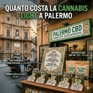 cannabis light a palermo - WeWeed.it Storefront cannabis shop in Palermo with a large'PALERMO CBD' sign, jars of products on display, and a handwritten menu board on the counter.
