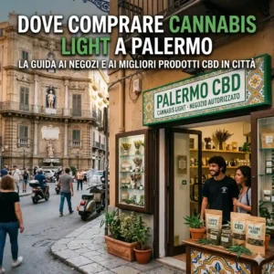 Front of a Palermo CBD shop with a large green-and-white sign; a busy Sicilian street scene with pedestrians nearby (Italian overlay text mentions cannabis).
