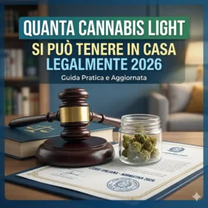 Judicial gavel resting on a desk with a jar of cannabis buds and a legal document, promoting a 2026 guide on cannabis legality.