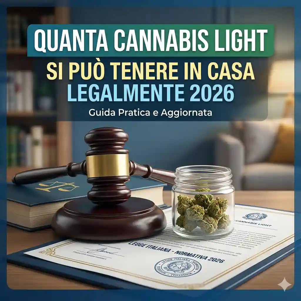 cannabis-light-tenere-casa-legalmente - WeWeed.it - WeWeed.it Judicial gavel resting on a desk with a jar of cannabis buds and a legal document, promoting a 2026 guide on cannabis legality.