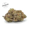 Dense cannabis bud with frosty trichomes on a white background, featuring a 'Premium' stamp watermark in the upper-left.