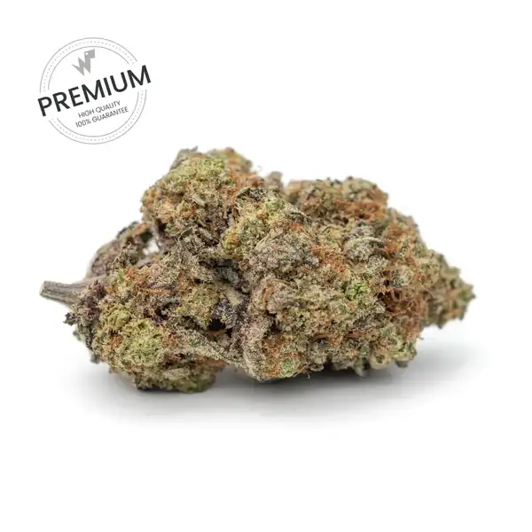 Dense cannabis bud with frosty trichomes on a white background, featuring a 'Premium' stamp watermark in the upper-left.