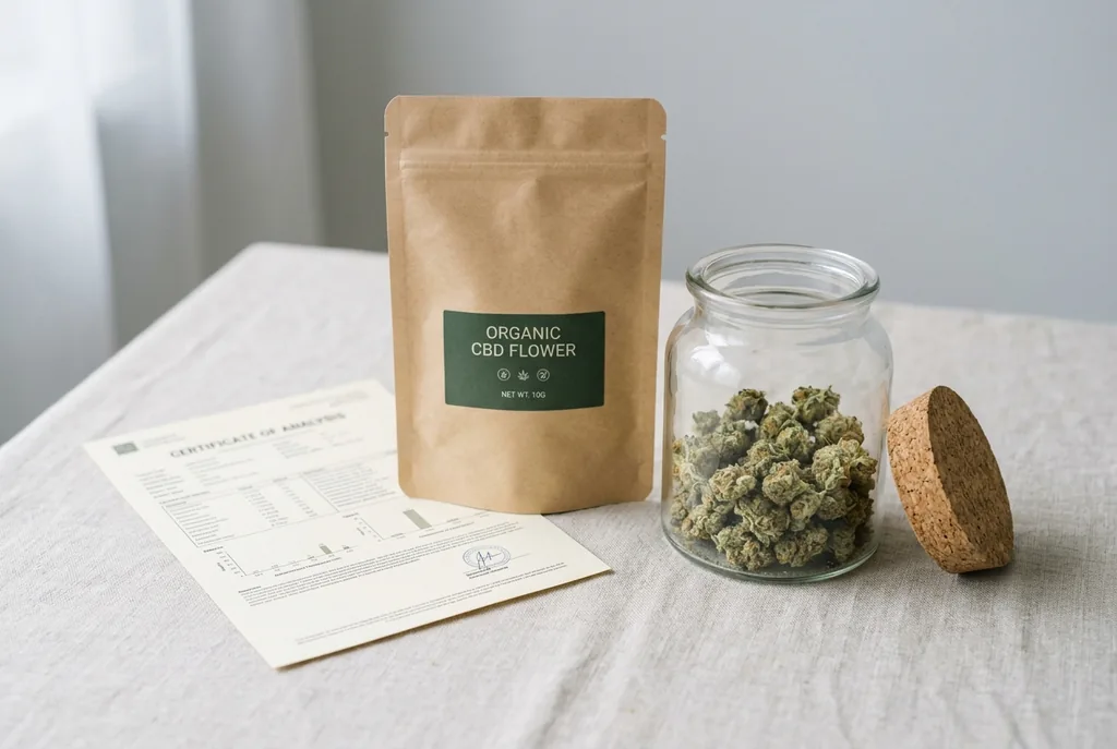 Baby buds di cannabis light in contenitore ermetico con certificato di analisi del lotto