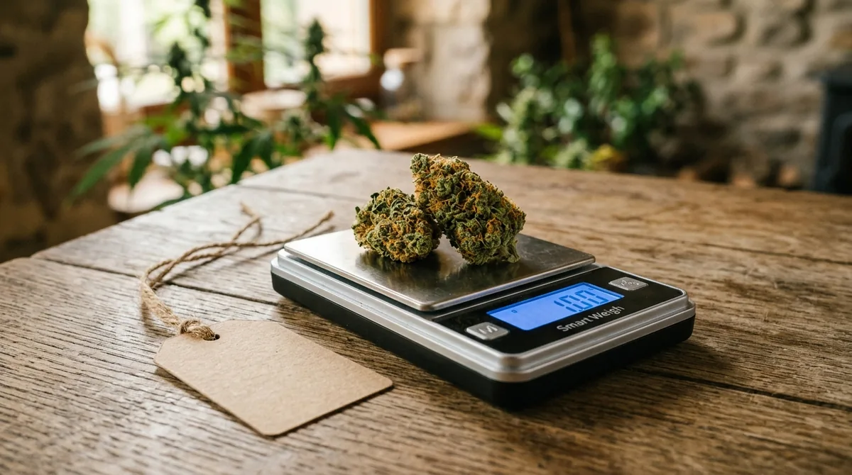 Infiorescenze di cannabis light su bilancia di precisione: quanto costa al grammo nel 2026