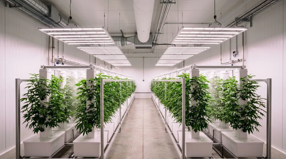 Coltivazione indoor: perché la cannabis light costa di più Sala di coltivazione indoor aeroponica di cannabis light nella farm WeWeed in Sardegna
