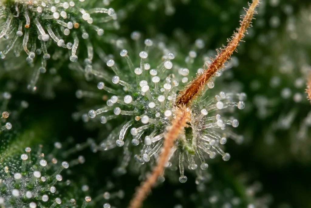 Tricomi ghiandolari su infiorescenza Gorilla Glue CBD al macro