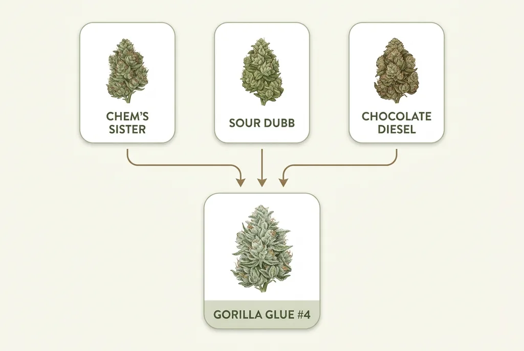 Schema genetico Gorilla Glue: Chem's Sister, Sour Dubb, Chocolate Diesel