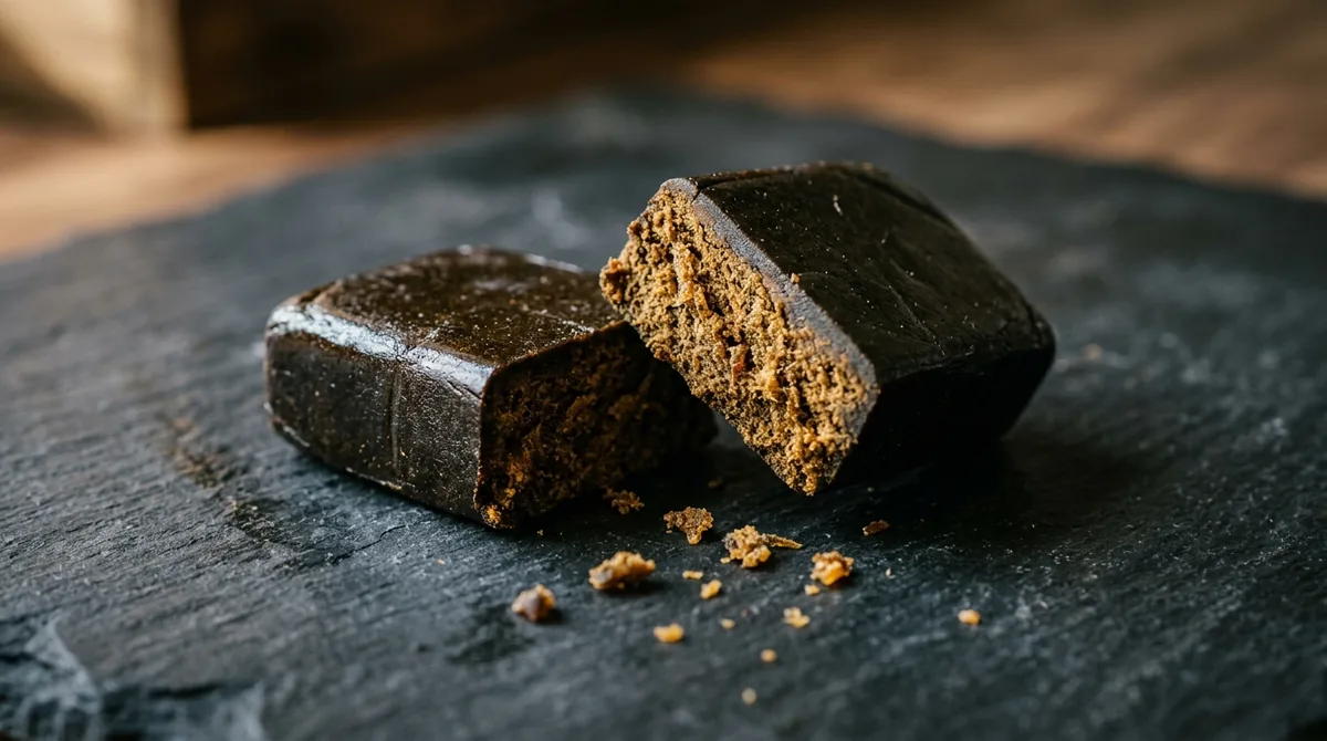Panetto di hashish afghano CBD spezzato: superficie scura e interno ambrato