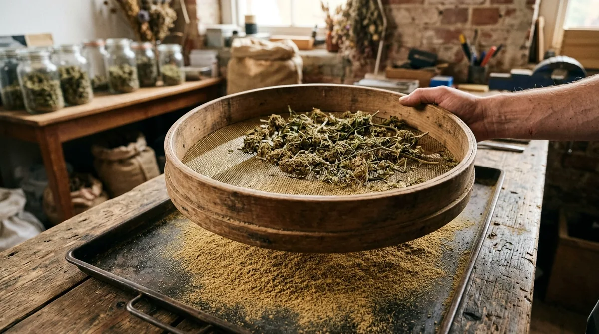 Setacciatura a secco della resina di cannabis: polvere di garda su setaccio a maglia fine