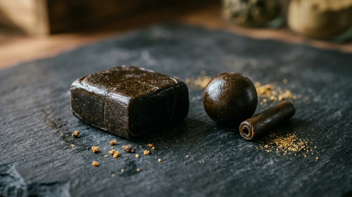 Confronto tra hashish afghano in panetto a spigoli e charas a forma arrotondata