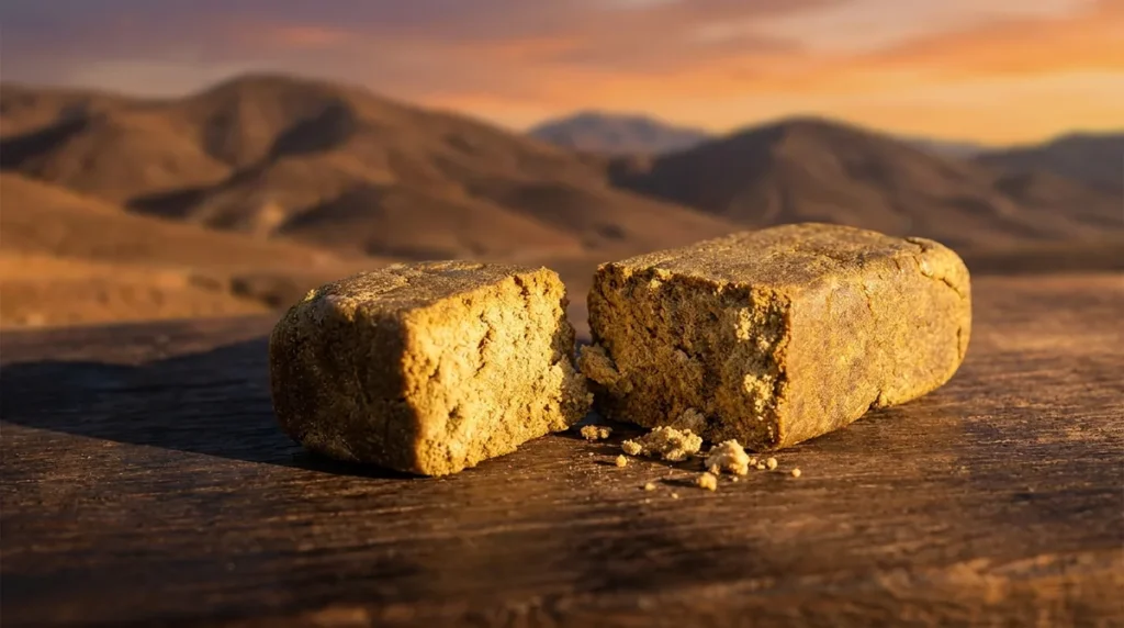 Panetto di ketama CBD dorato con montagne del Rif marocchino sullo sfondo