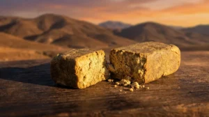 Panetto di ketama CBD dorato con montagne del Rif marocchino sullo sfondo