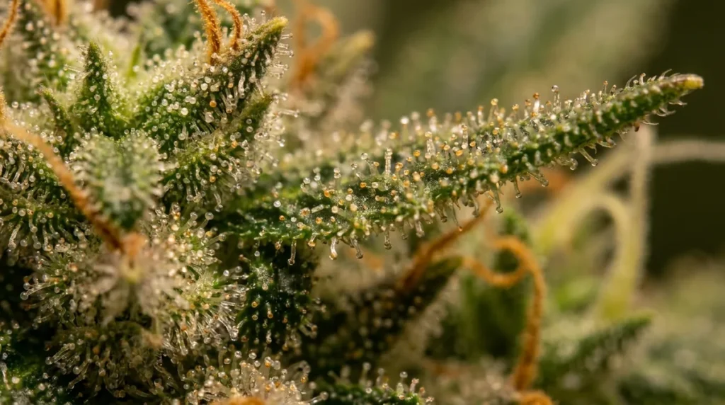 Macro dei tricomi resinosi su infiorescenza di canapa light coltivata indoor