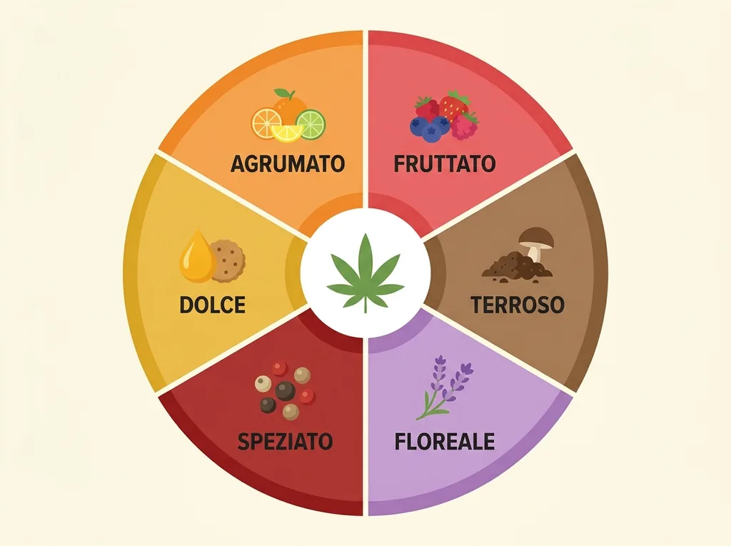 Ruota degli aromi della cannabis light: famiglie agrumata, fruttata, terrosa, floreale, speziata, dolce