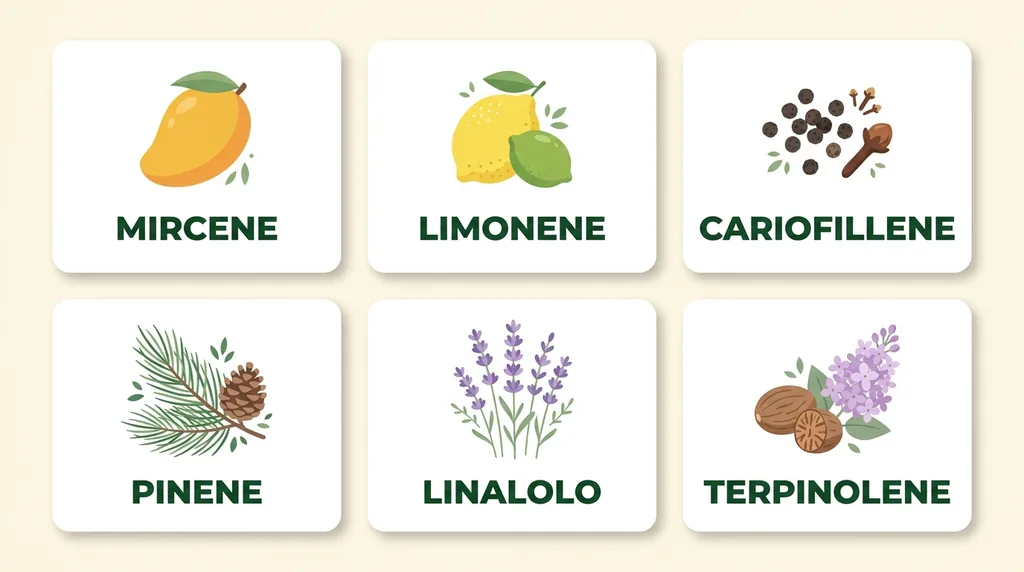 Tabella dei sei terpeni principali della cannabis light: mircene, limonene, beta-cariofillene, pinene, linalolo, terpinolene