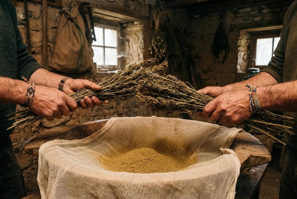 Setacciatura a secco del kief su rete a maglia fine, metodo tradizionale marocchino