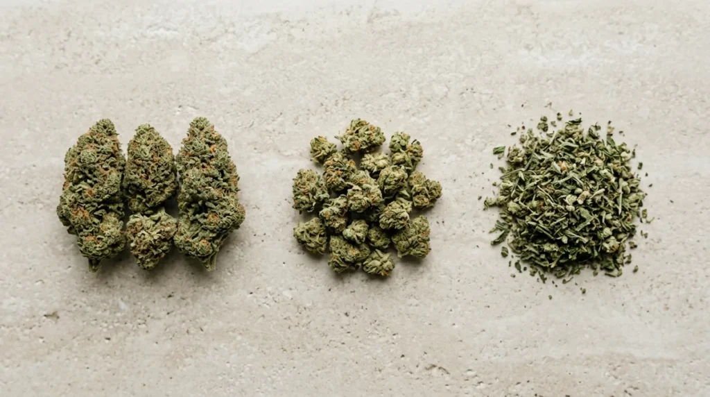 Confronto tra small buds, cime grandi e trinciato di cannabis light su superficie neutra