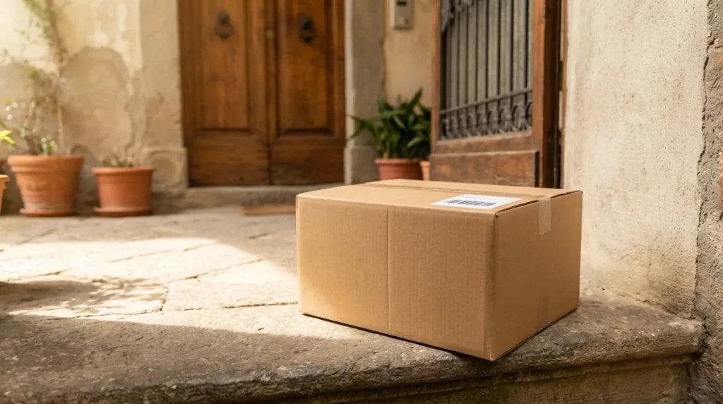 Spedizione anonima di cannabis light: pacco neutro consegnato alla porta senza riferimenti al contenuto