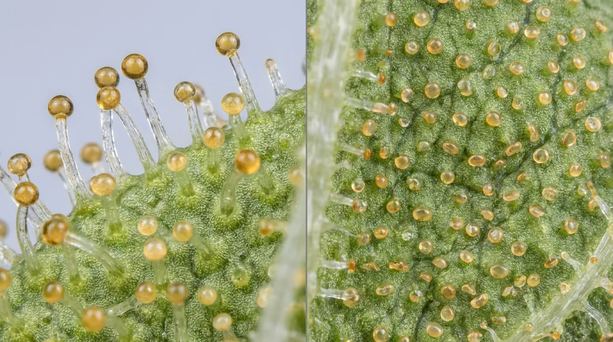 Confronto tra tricomi peltati con stelo e tricomi sessili su fiore di canapa