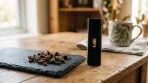 Vaporizzare hashish legale: pezzetti di charas CBD accanto a un vaporizzatore portatile a temperatura controllata