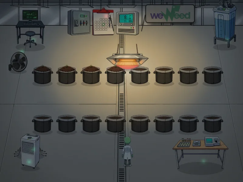 Schermata di gioco di WeWeed Grow Tycoon: la grow room con i vasi, la lampada accesa e il coltivatore alieno