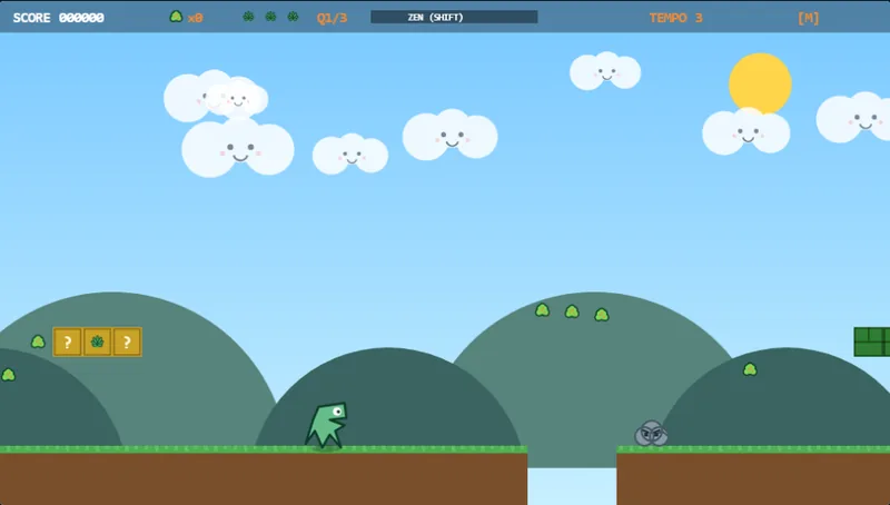 Schermata di gioco di WeWeed Run: il dinosauro verde corre tra le colline del primo quadro evitando i nemici