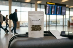 Bustina di cannabis light sigillata con scontrino accanto a un bagaglio a mano
