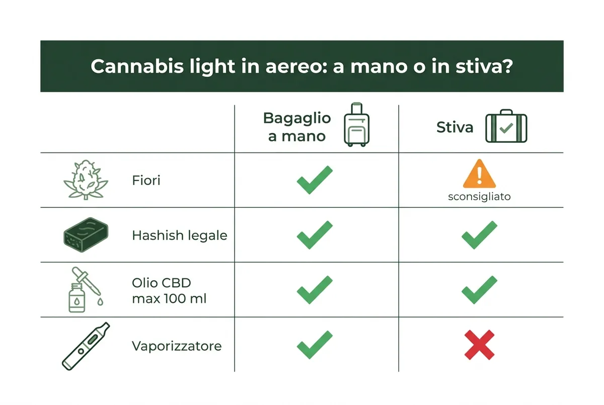 Tabella cannabis light bagaglio a mano o stiva: fiori, hashish legale, olio CBD, vaporizzatore