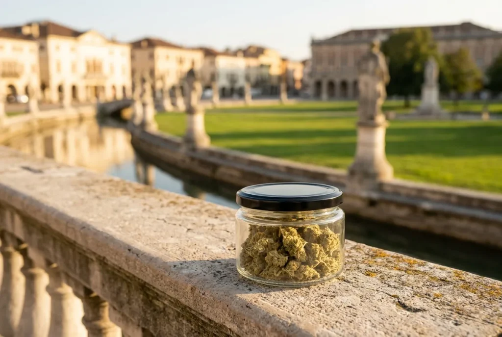 Glass jar of cannabis buds resting on a stone railing with a sunlit city square in the background.
