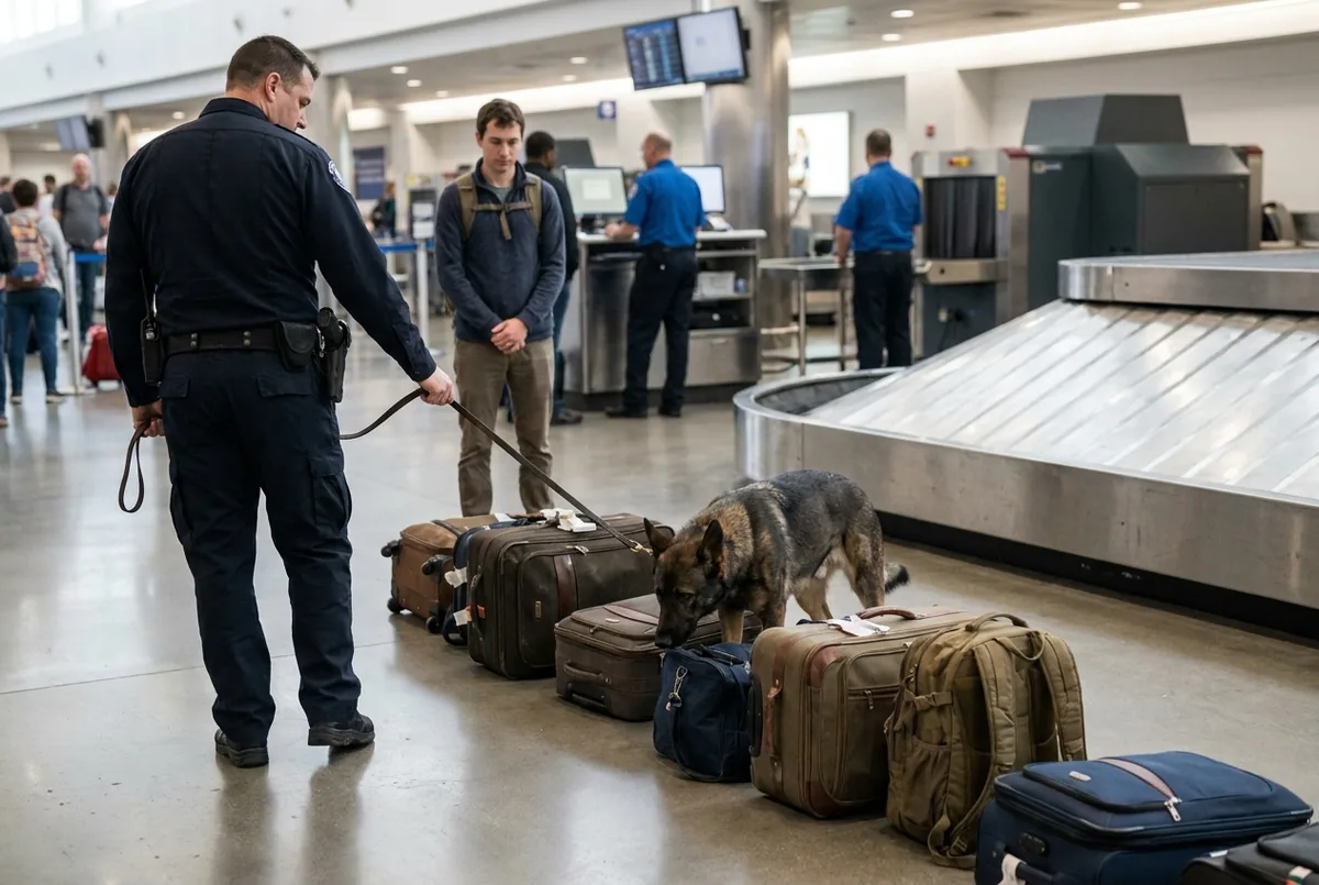 Controllo bagagli in aeroporto con unità cinofila