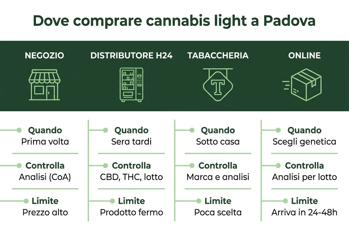 Confronto tra negozio, distributore, tabaccheria e online per comprare cannabis light a Padova